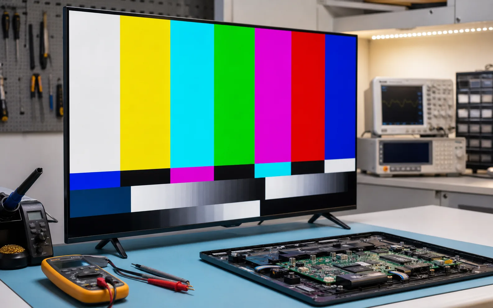 Modern OLED TV diagnostics on a clean technician workbench