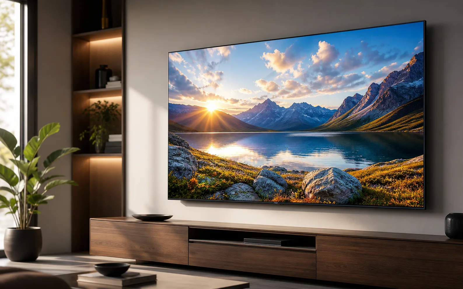 Modern wall-mounted OLED TV showing a clear, sharp picture after service